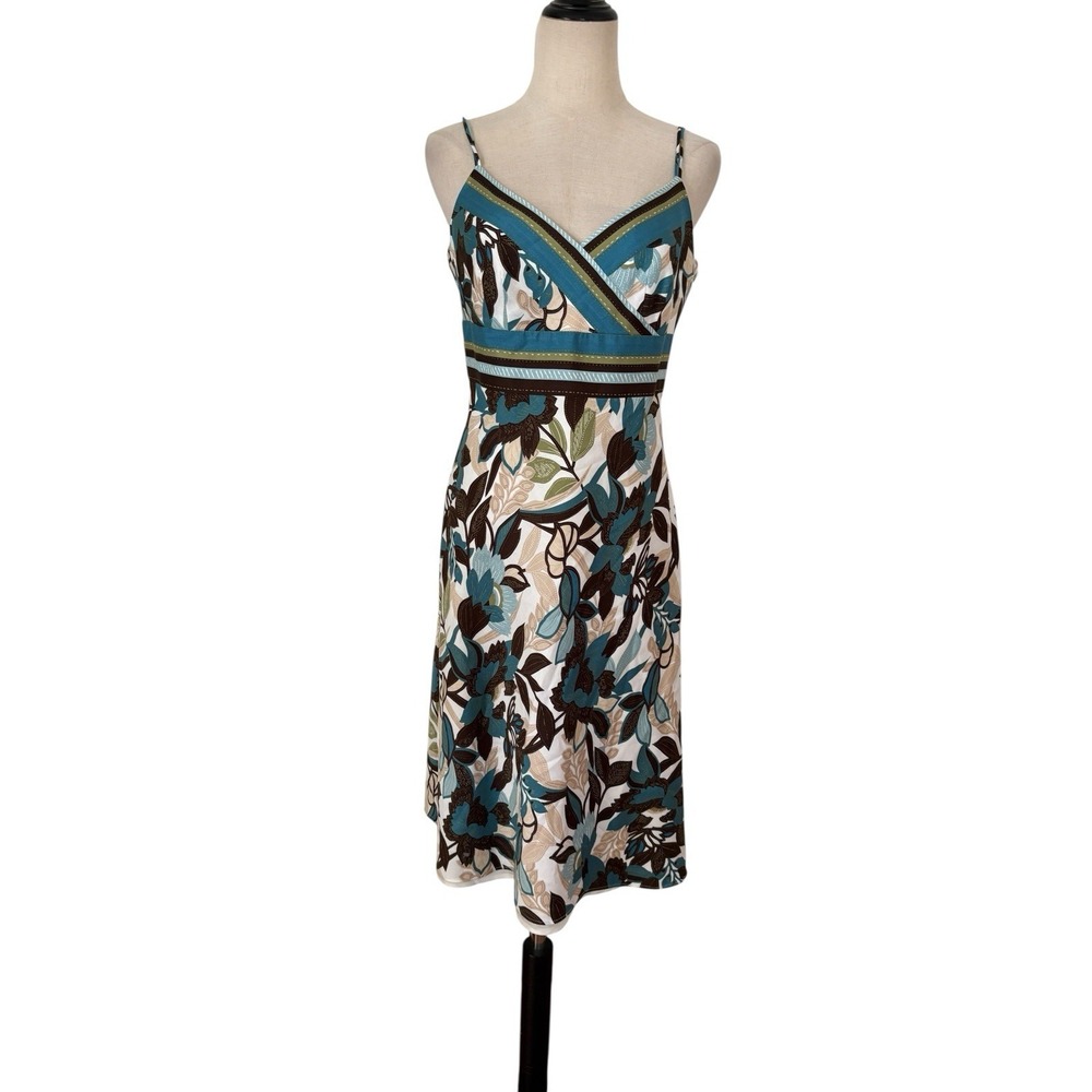 Ann Taylor Floral Empire Waist Sundress Sz 6 Teal Brown Cotton 2000s Y2K Hipster